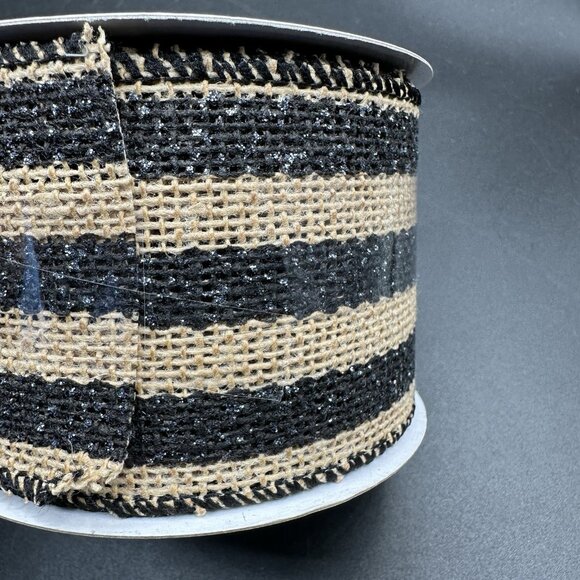 Celebrate It Wired Ribbon 2.5” Black Tan Plaid & Stripe Burlap Rustic Farmhouse - Picture 6 of 8